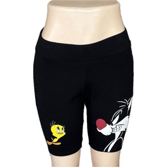 Looney Tunes L Black Tweety Bird & Sylvester Graphic Cotton Stretch Bike Shorts - Picture 2 of 6